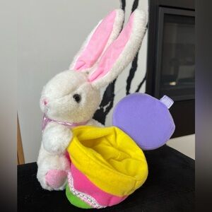 White Bunny Plush with Pink Ears and Yellow Basket